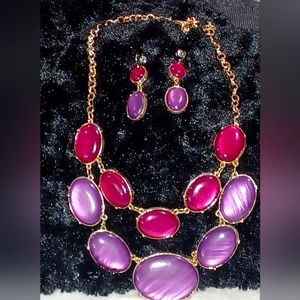 Purple and Rose Mecklace with Matching Earrings in goldtone setting.